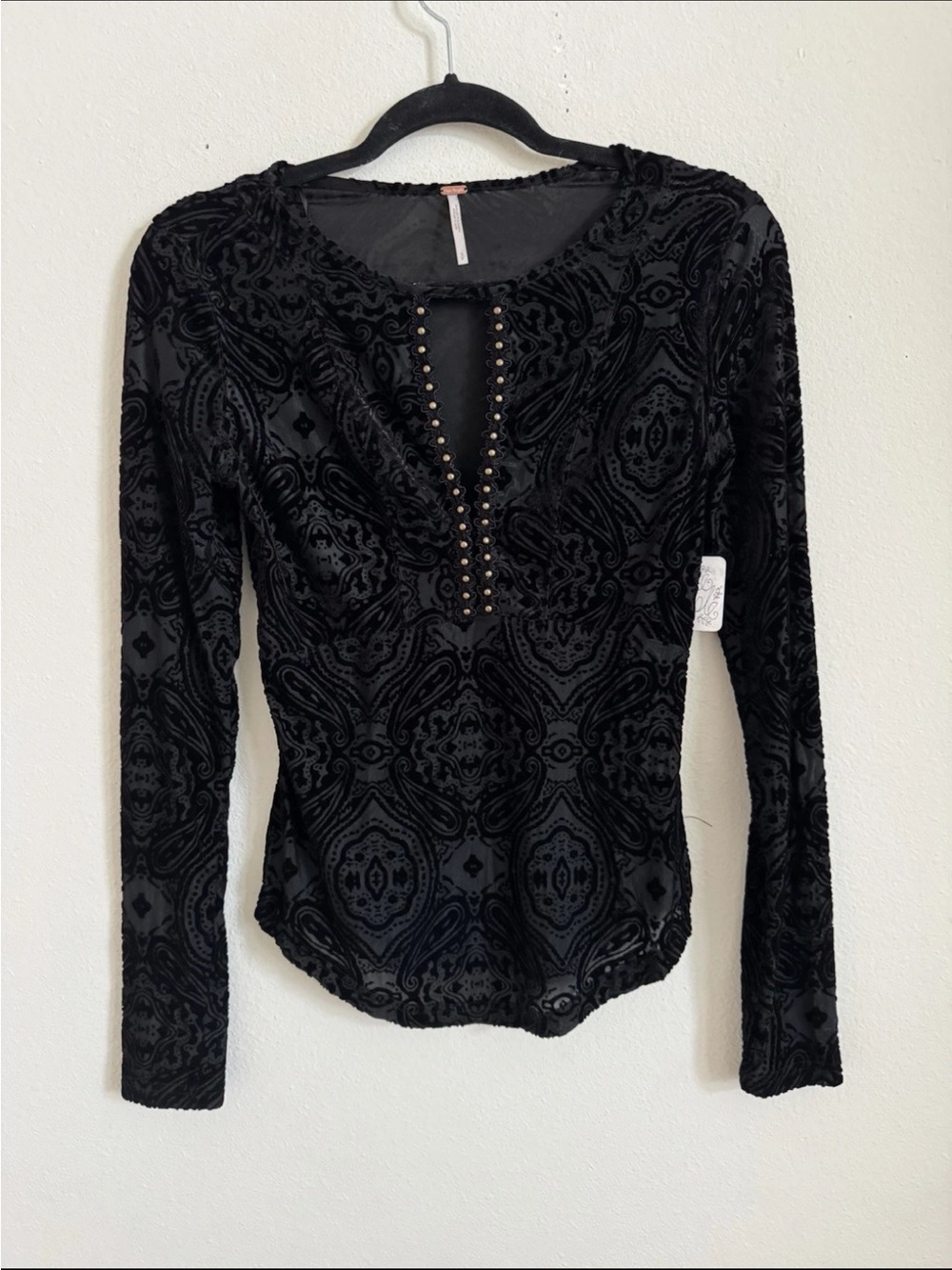 NWT Free People Black Burnout Studded Velvet City Limits Top Black Size S